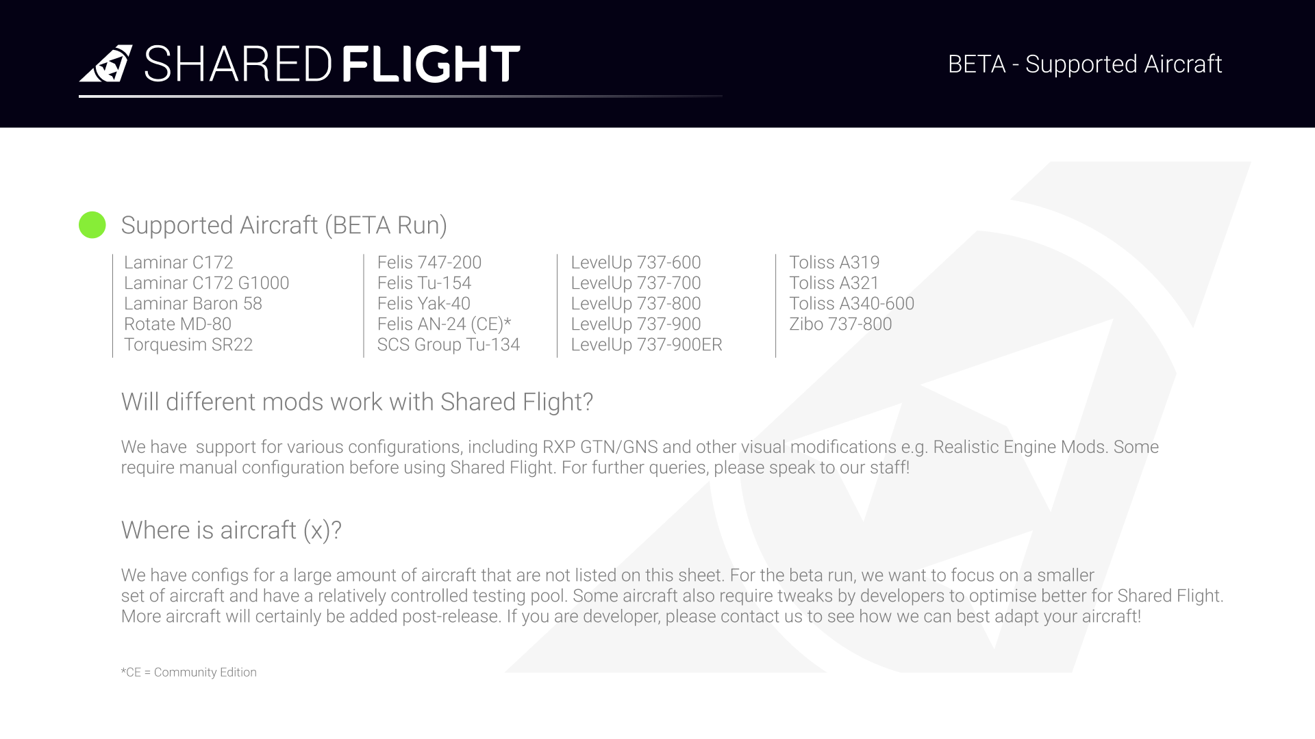 Shared Flight Details Supported Aircraft in Beta - Shared Flight, X-Plane