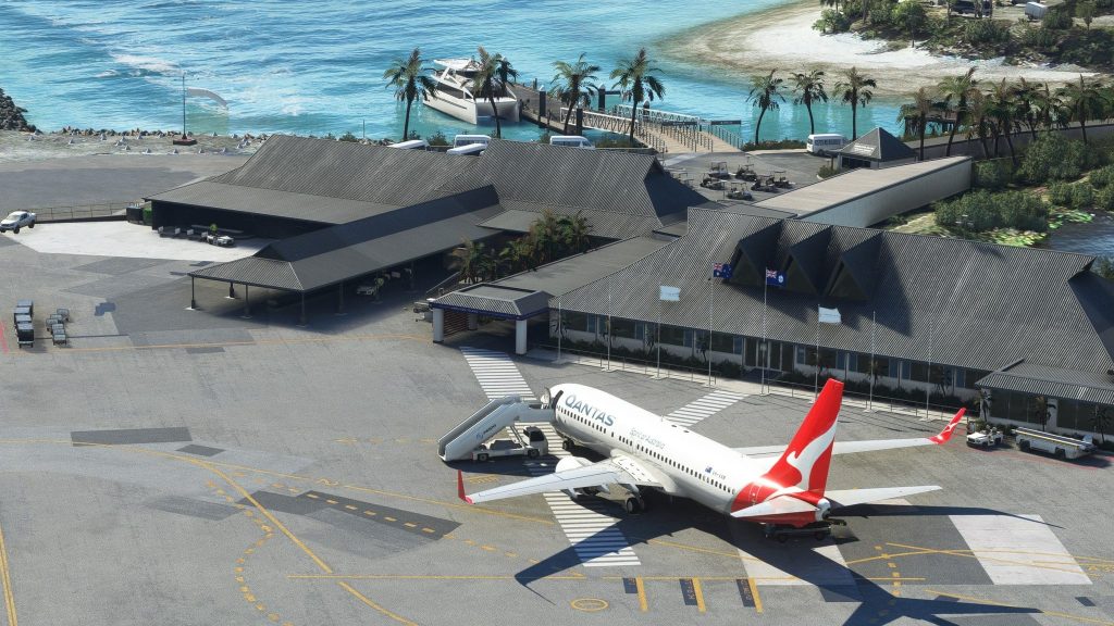 A rendition of a Qantas B738 parked at a rendition of Hamilton Island Airport in Microsoft Flight Simulator by AUscene. 