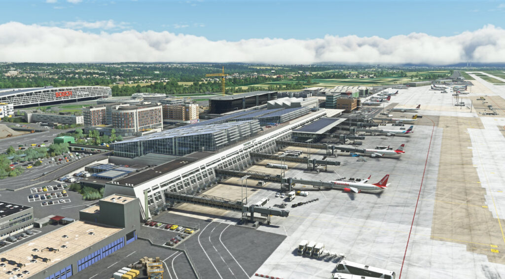 A rendition of the main terminal at Stuttgart Airport by RDPresets for Microsoft Flight Simulator.
