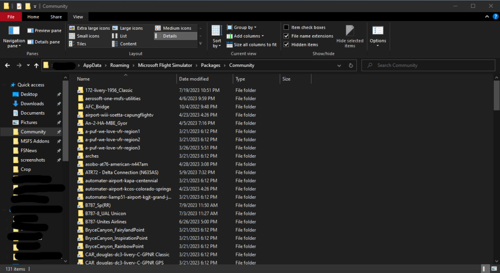 Separate MSFS Addons Folder showcasing "simlink" and various addons installed.
