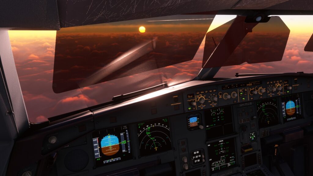 LatinVFR A330-900neo for MSFS review cockpit at sunset