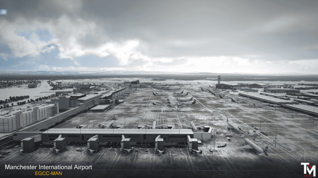 Rendition of Manchester Airport for X-Plane 11 and 12 by TaiModels. 