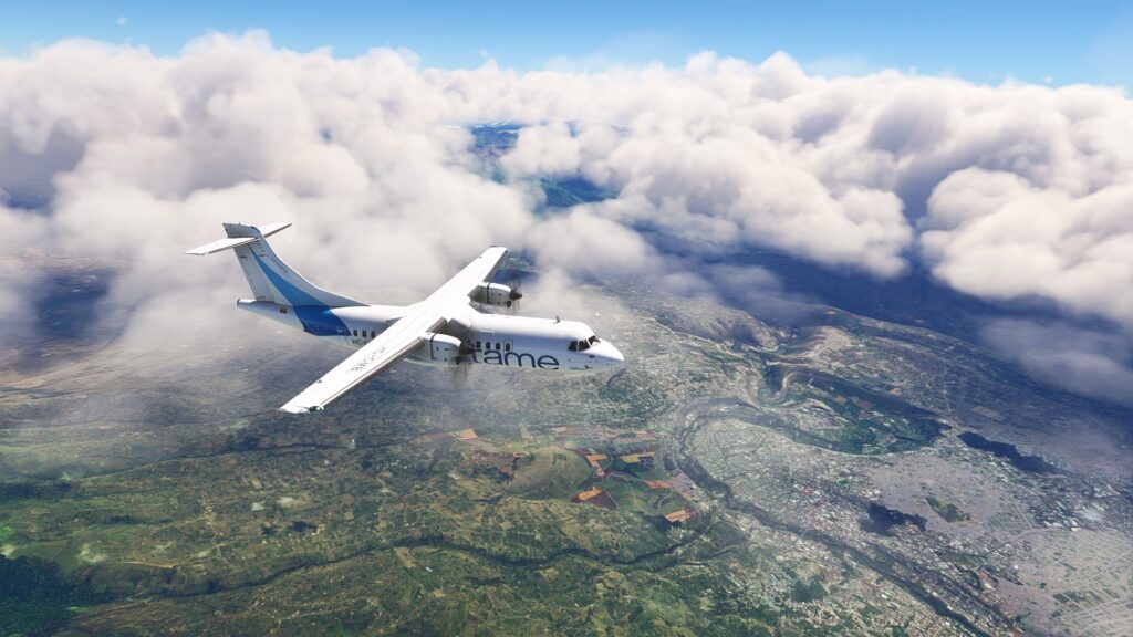An ATR 42 flying over Ecuador in Microsoft Flight Simulator.