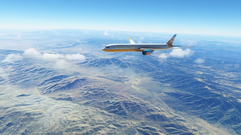A Boeing 787-9 flying in Microsoft Flight Simulator