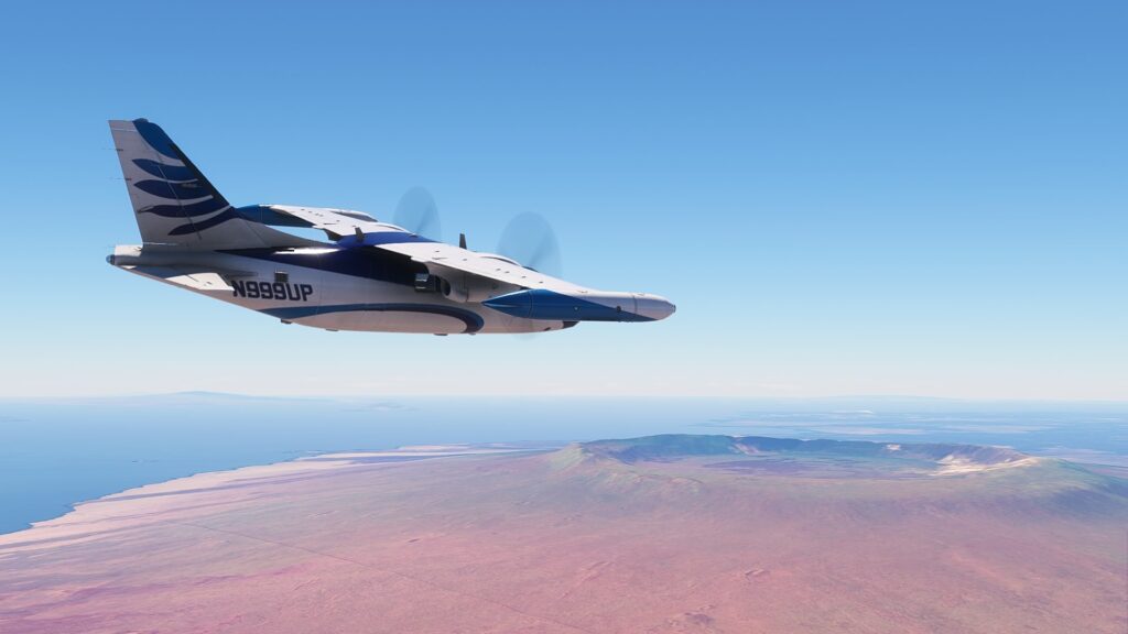 A Mitsubishi MU-2 flying over the Galapagos Islands in Microsoft Flight Simulator.